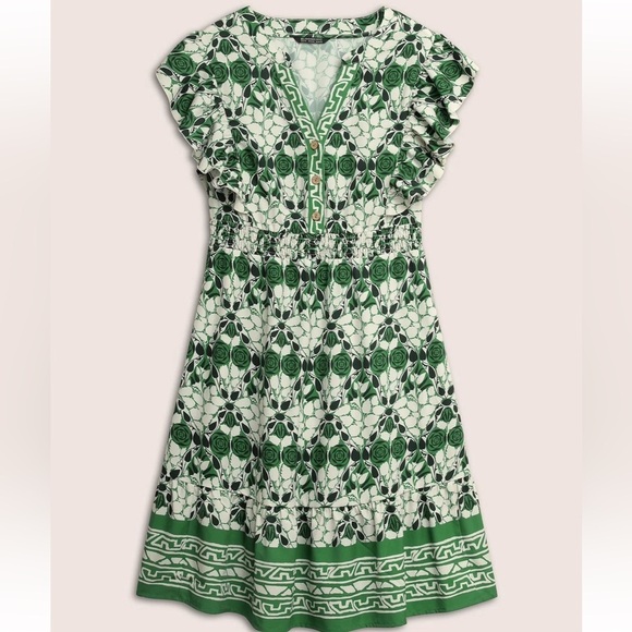 BloomChic Plus Size 3XL Boho Print Ruffles Shirred Pocket Elastic Waist Dress - Picture 7 of 8